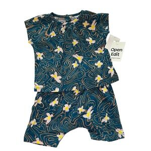 Open Edit Blue Pink Floral Baby Girl 2 Piece Outfit Size 6 Month Organic Cotton